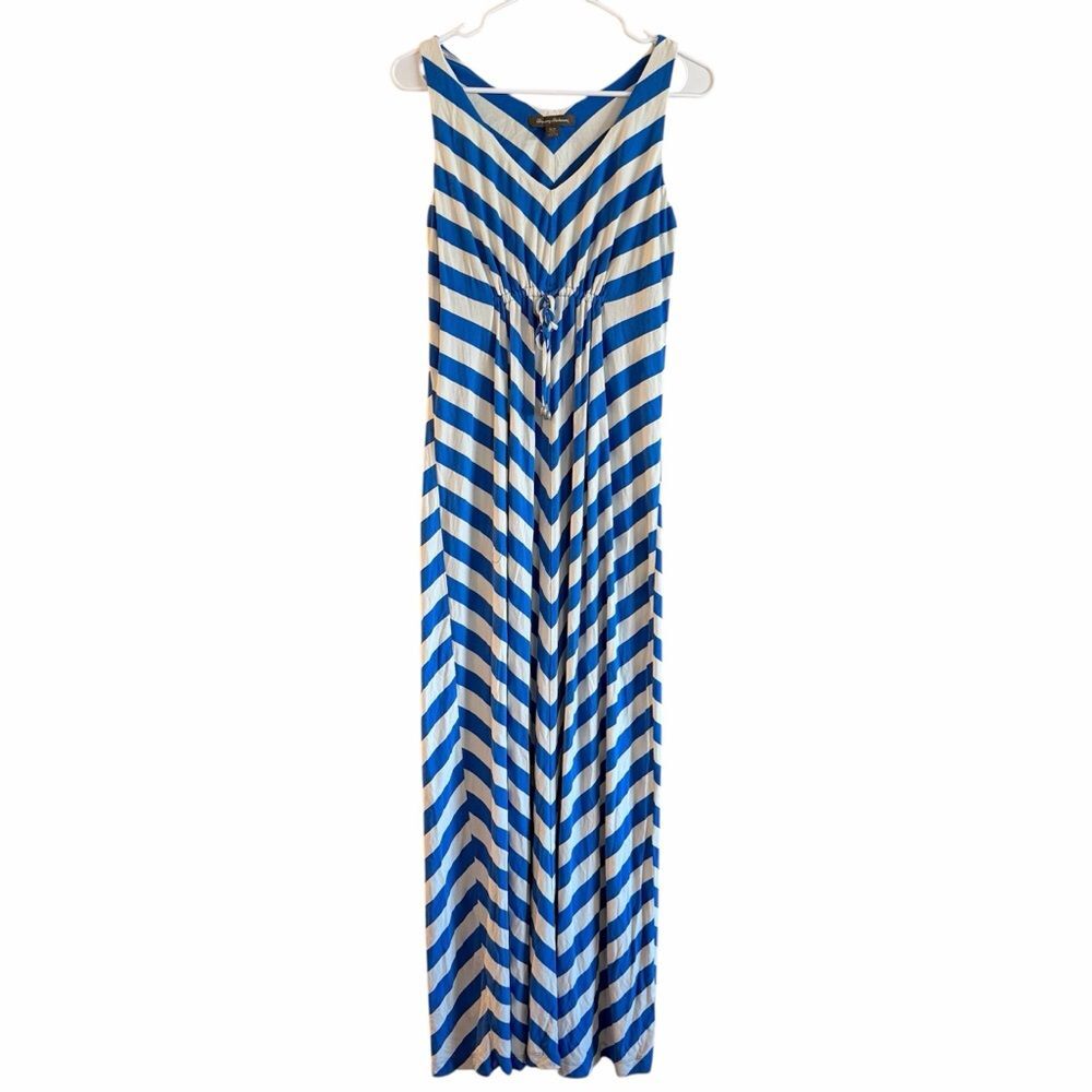 Tommy Bahama Blue White Striped Sleeveless V-Neck Cinch Coastal Beach Maxi Dress